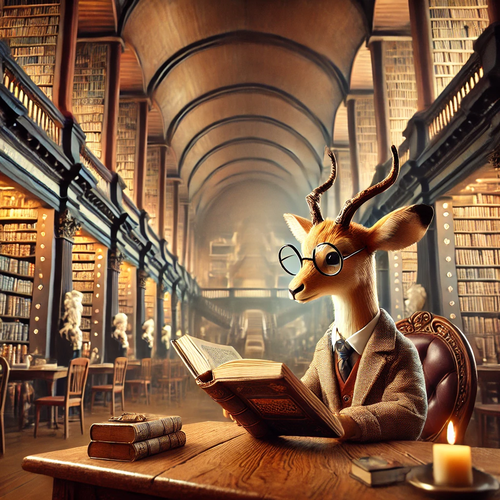 Fun cartoon image of an impala studying in a library