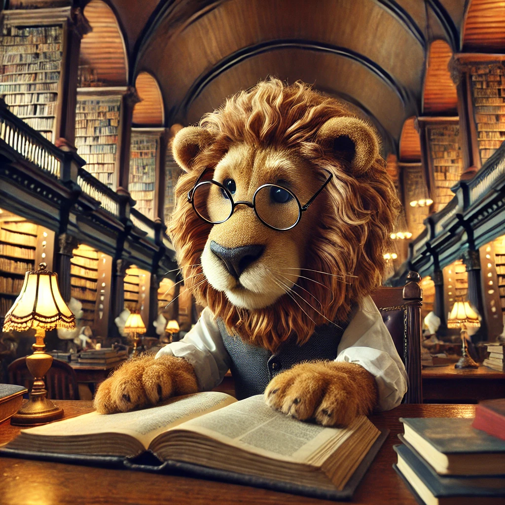 Fun cartoon of a lion studying in a library