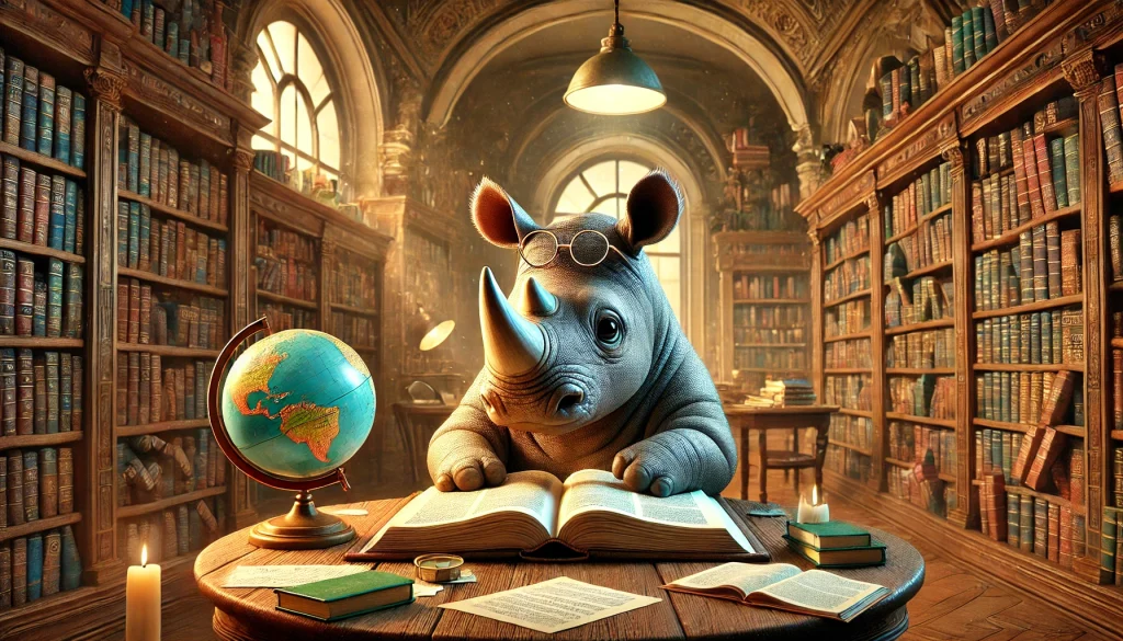 A cartoon image of a rhino studying in a library